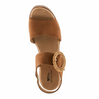 Spring Step Women's Gamona Ankle-Strap Heeled Sandal with Decorative Buckle - Cork Chunky High Heel Tan Suede EU 39/8.5