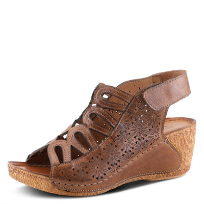 Spring Step Inocencia Women's Leather Wedge Sandals | Low Heel Sandals for Women with Floral Laser Cut Design, Hook and Loop Strap, Mediterranean Style Brown EU 36 / US 5.5-6