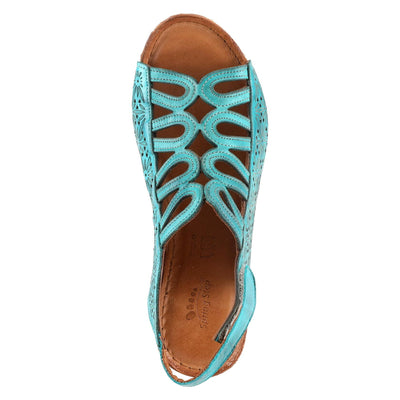 Spring Step Inocencia Women's Leather Wedge Sandals | Low Heel Sandals for Women with Floral Laser Cut Design, Hook and Loop Strap, Mediterranean Style Turquoise EU 38 / US 7.5-8