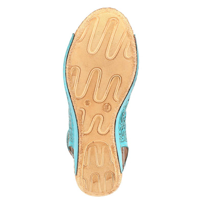 Spring Step Inocencia Women's Leather Wedge Sandals | Low Heel Sandals for Women with Floral Laser Cut Design, Hook and Loop Strap, Mediterranean Style Turquoise EU 38 / US 7.5-8