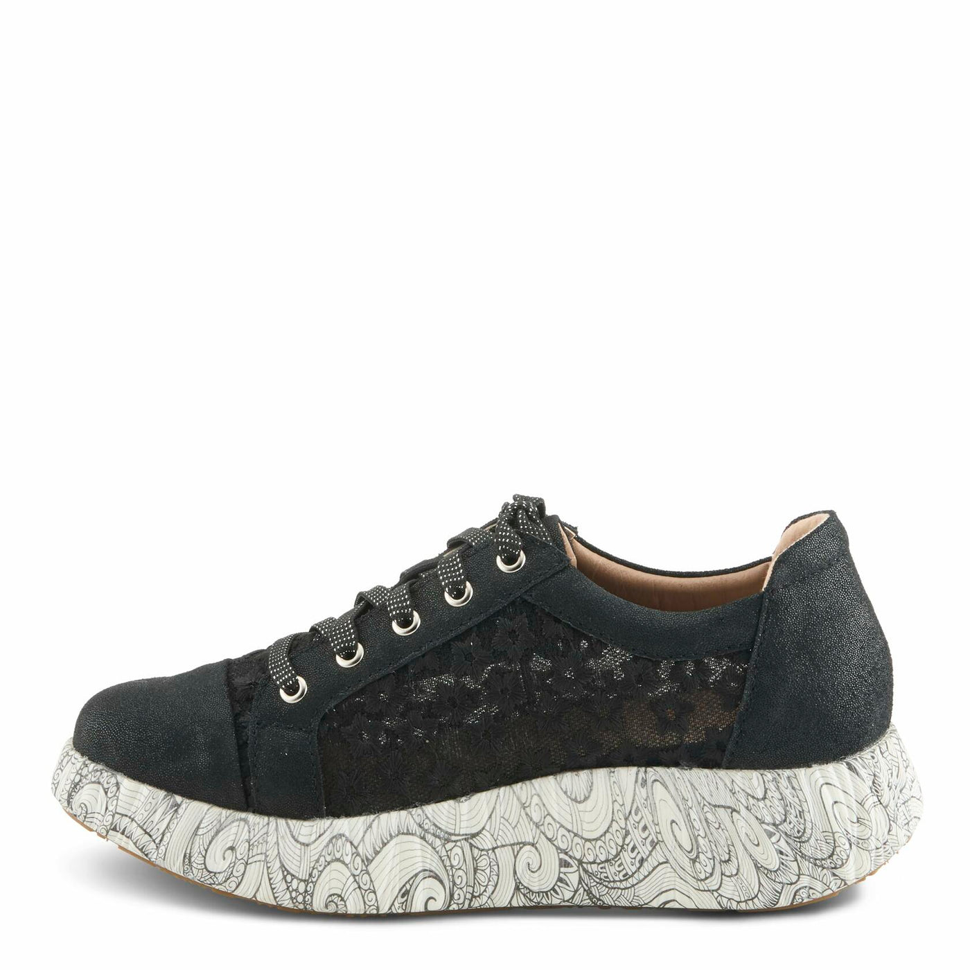L'Artiste Women's SNEAKHEART Lace-Up Sneakers – Metallic Floral Embroidery, Breathable Mesh, Removable Insole, Street-Chic Design Black Multi EU 38 / US 7.5-8