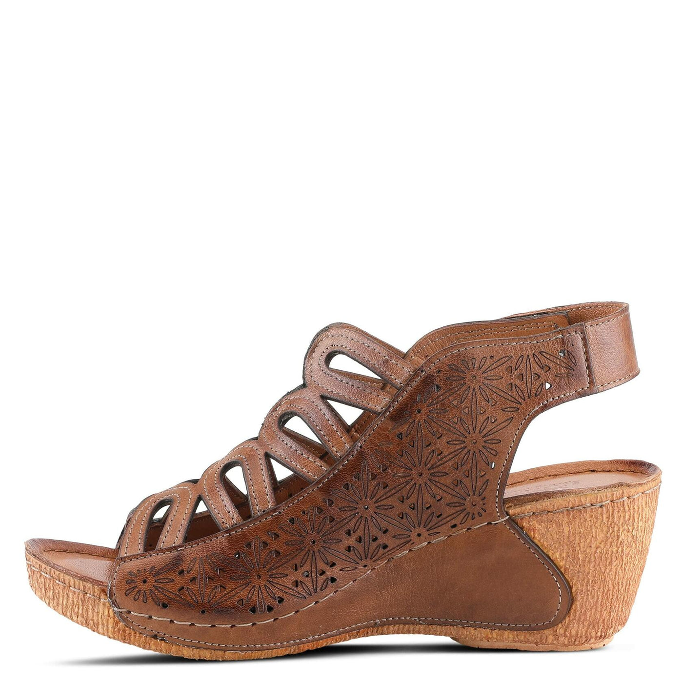 Spring Step Inocencia Women's Leather Wedge Sandals | Low Heel Sandals for Women with Floral Laser Cut Design, Hook and Loop Strap, Mediterranean Style Brown EU 36 / US 5.5-6