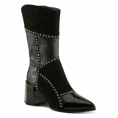 Azura Women's ZAYRINA Mid-Shaft Leather Boots with Animal Print, Stud Details, and Zipper Closure Black EU 37 / US 6.5-7