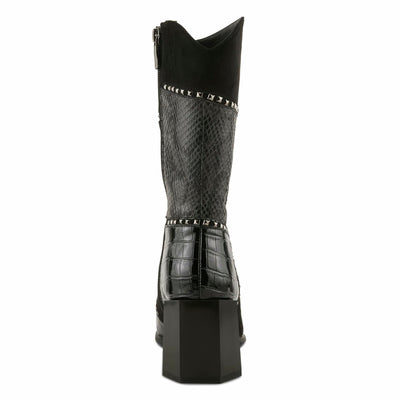 Azura Women's ZAYRINA Mid-Shaft Leather Boots with Animal Print, Stud Details, and Zipper Closure Black EU 37 / US 6.5-7