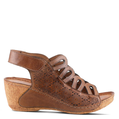 Spring Step Inocencia Women's Leather Wedge Sandals | Low Heel Sandals for Women with Floral Laser Cut Design, Hook and Loop Strap, Mediterranean Style Brown EU 36 / US 5.5-6