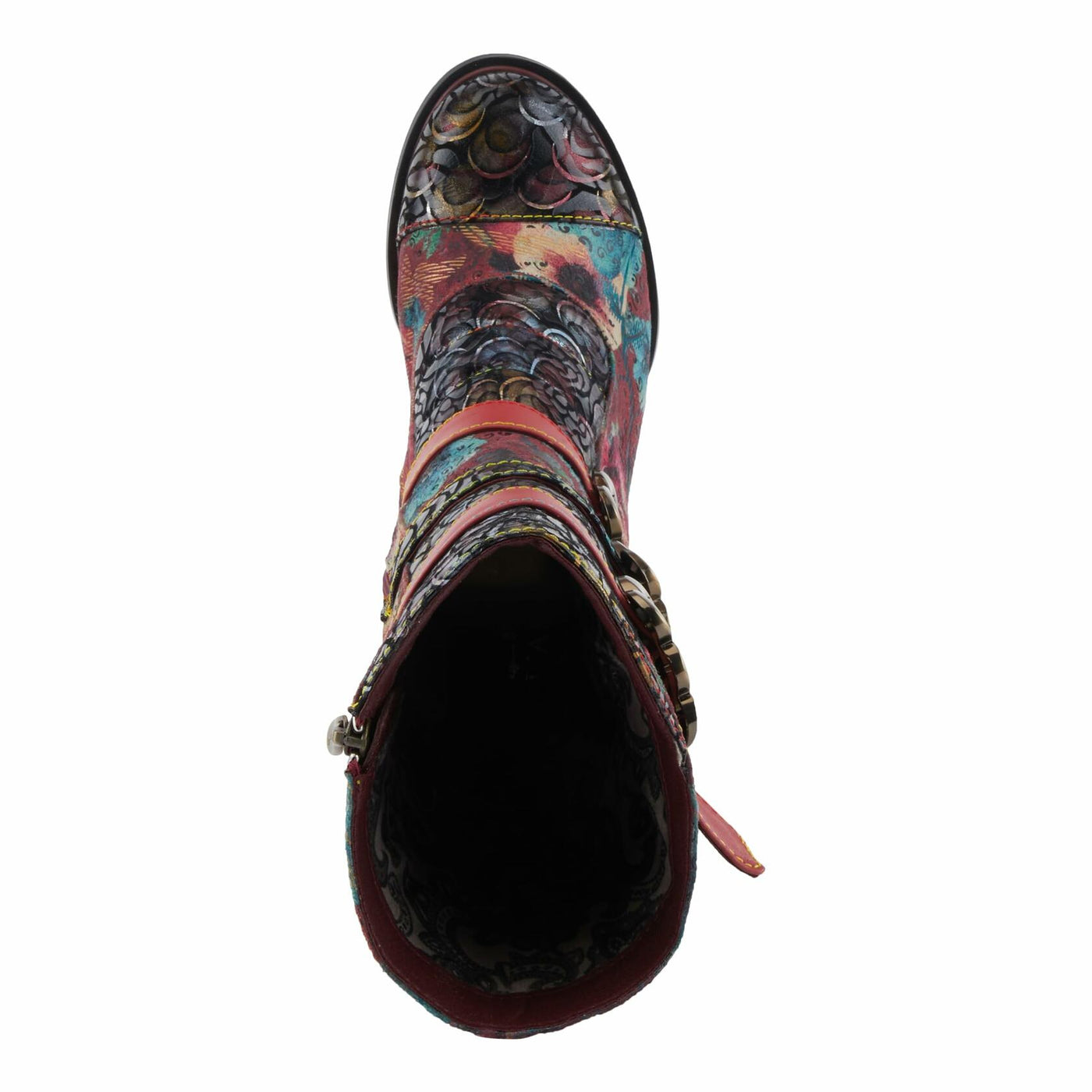 Spring Step L'Artiste Averie Women's Moto-Inspired Bootie - Quilted Upper, Metallic Prints, Decorative Straps Red Multi EU 38/ US 7.5-8