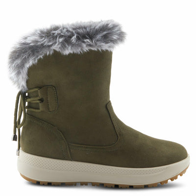 Flexus Snowbird Mid-Calf Boot - Waterproof Microsuede Upper Faux Fur Lining - Slip-On Padded Insole Flexible Polyurethane Outsole 1.5" Heel Cozy Winter Bootie Olive Green EU 42 / US 10.5-11