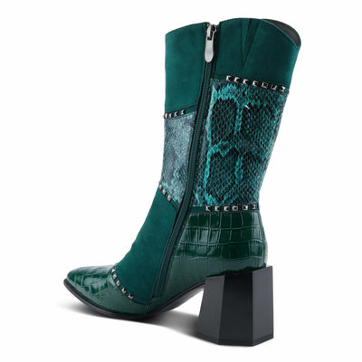 Azura Women's ZAYRINA Mid-Shaft Leather Boots with Animal Print, Stud Details, and Zipper Closure Green EU 39 / US 8.5