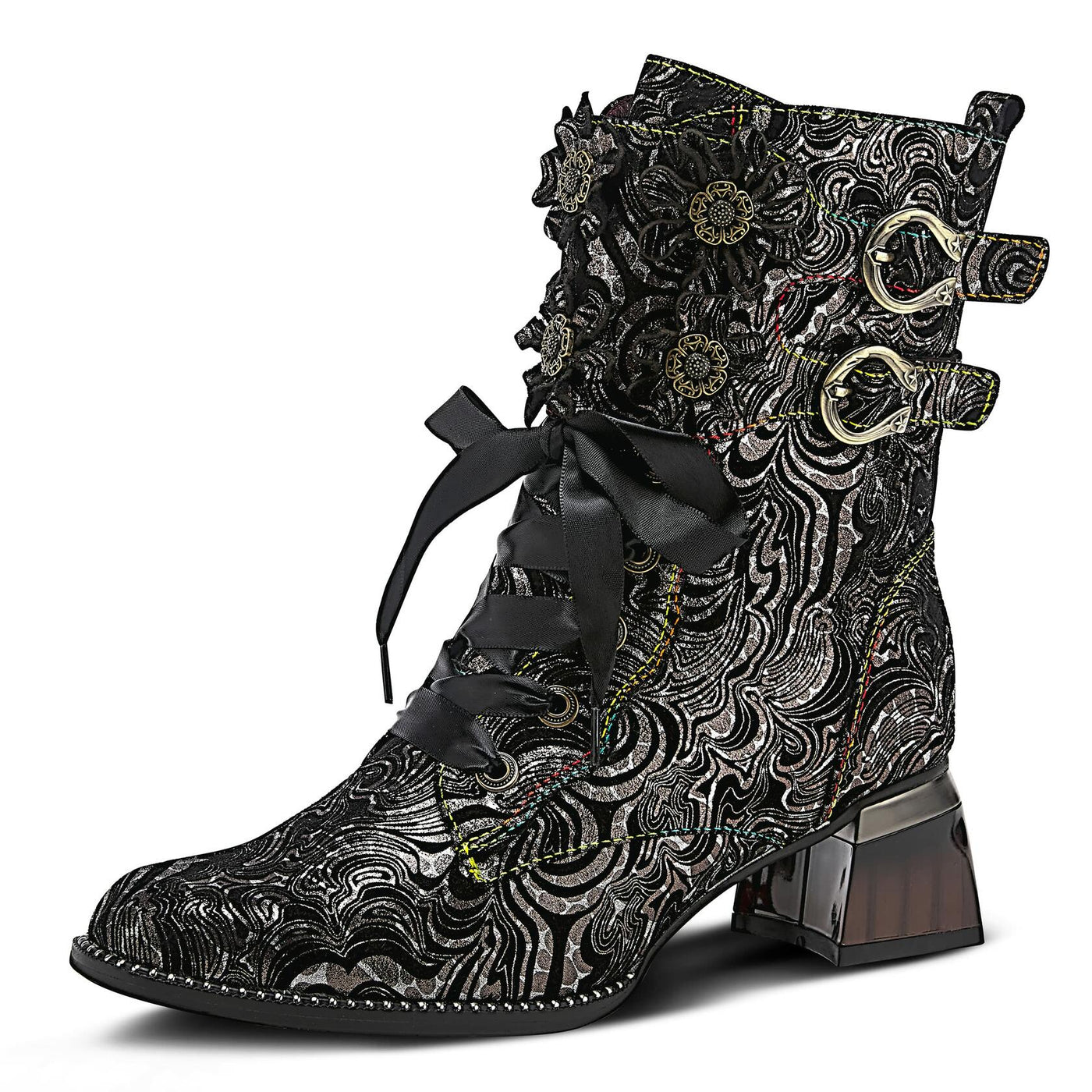 Spring Step L'Artiste Originala Women's Suede Boot – Handpainted Western Style with Buckle, Zipper, Lace-Up - Comfortable Rubber Sole, Padded Insole, Black EU 37 / US 6.5-7