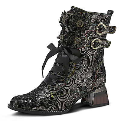 Spring Step L'Artiste Originala Women's Suede Boot – Handpainted Western Style with Buckle, Zipper, Lace-Up - Comfortable Rubber Sole, Padded Insole, Black EU 37 / US 6.5-7