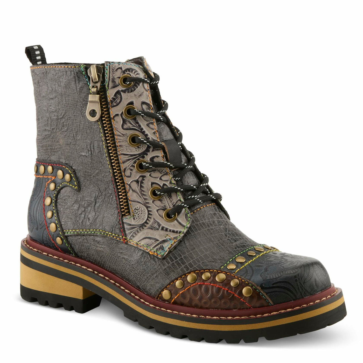 L'Artiste Rugup Leather Combination Booties for Women | Low Heel Ankle Boots for Women with Lace Up and Zipper Closure and Faux Fur Lining SLATE MULTI EU 39 / US 8.5