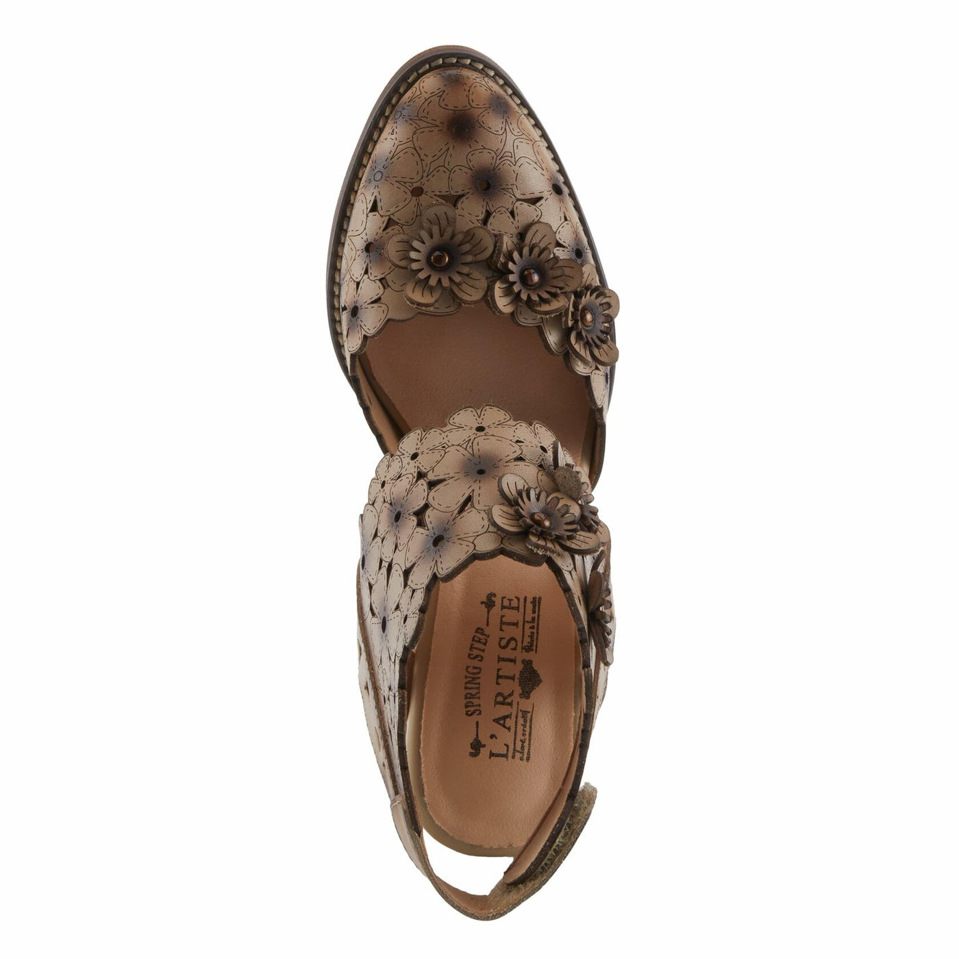 L'Artiste Women's DISTINCTION Leather Ankle Strap Sandals – Hand-Painted Floral Laser Cutout, Adjustable Strap, Closed Toe Stacked Heel BEIGE EU 41 / EU 41 / US 9.5-10