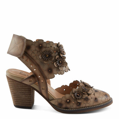 L'Artiste Women's DISTINCTION Leather Ankle Strap Sandals – Hand-Painted Floral Laser Cutout, Adjustable Strap, Closed Toe Stacked Heel BEIGE EU 40 / EU 40 / US 9