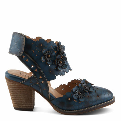 L'Artiste Women's DISTINCTION Leather Ankle Strap Sandals – Hand-Painted Floral Laser Cutout, Adjustable Strap, Closed Toe Stacked Heel NAVY EU 39 / EU 39 / US 8.5