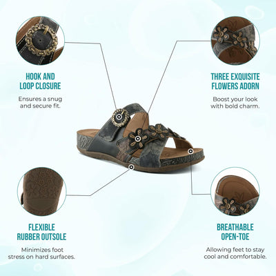 L'Artiste Women's CAELANA Slide Sandals - Hand-Painted Leather, Floral Accents, Adjustable Fit BLACK MULTI EU 41 / US 9.5-10