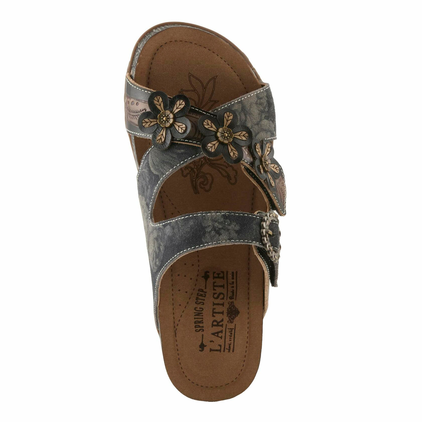 L'Artiste Women's CAELANA Slide Sandals - Hand-Painted Leather, Floral Accents, Adjustable Fit BLACK MULTI EU 38 / US 7.5-8