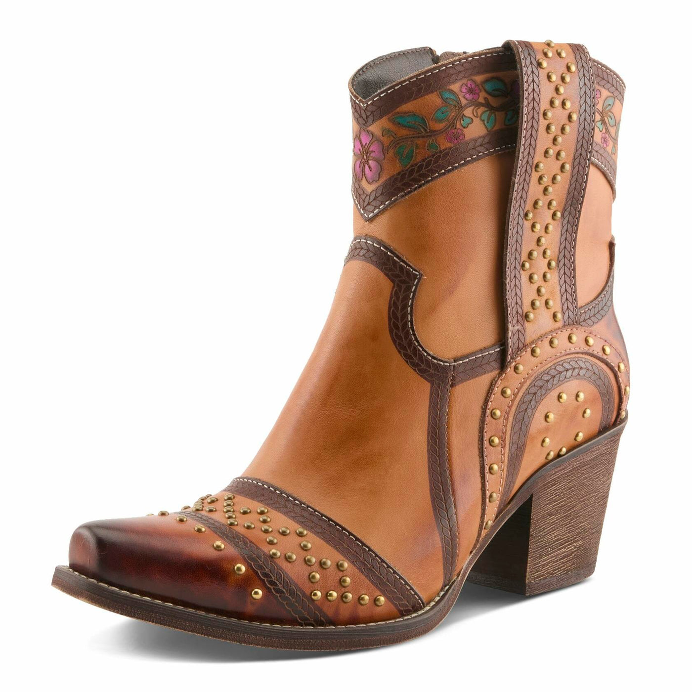 L’Artiste SADDLEUP Western Leather Boot – Floral Embossed Mid-Calf Cowgirl Boot with Stud Accents & Side Zipper