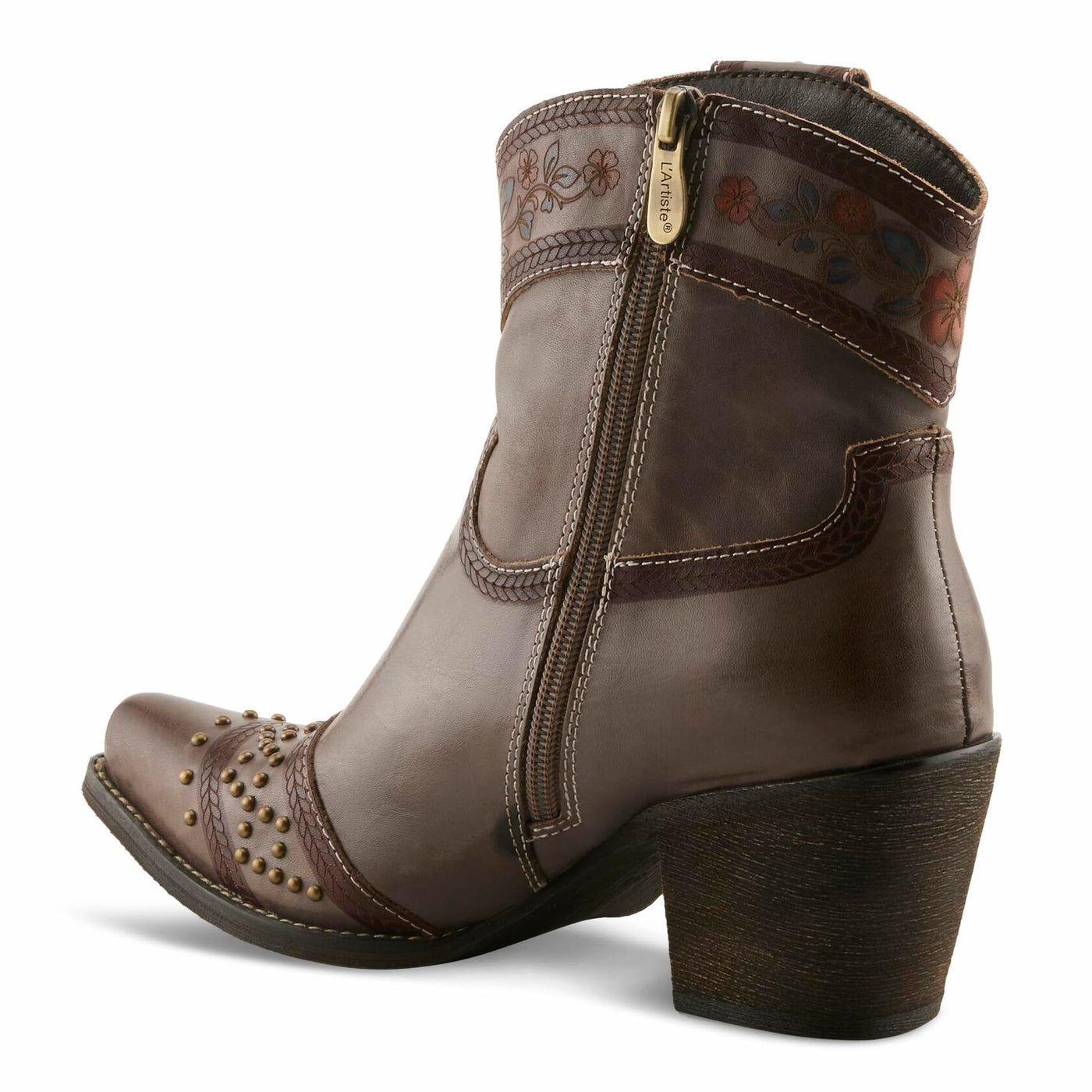 L’Artiste SADDLEUP Western Leather Boot – Floral Embossed Mid-Calf Cowgirl Boot with Stud Accents & Side Zipper