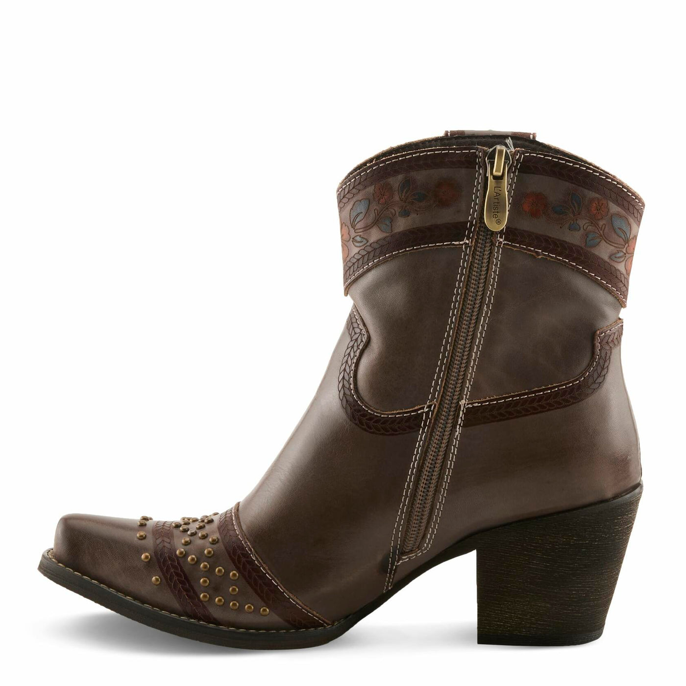 L’Artiste SADDLEUP Western Leather Boot – Floral Embossed Mid-Calf Cowgirl Boot with Stud Accents & Side Zipper