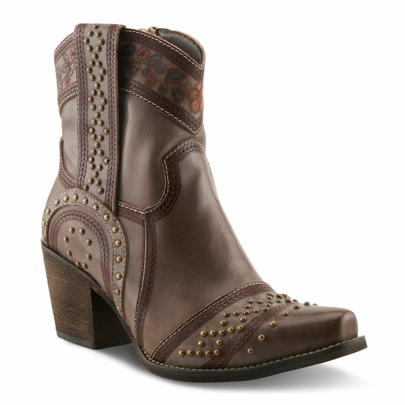 L’Artiste SADDLEUP Western Leather Boot – Floral Embossed Mid-Calf Cowgirl Boot with Stud Accents & Side Zipper