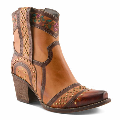 L’Artiste SADDLEUP Western Leather Boot – Floral Embossed Mid-Calf Cowgirl Boot with Stud Accents & Side Zipper