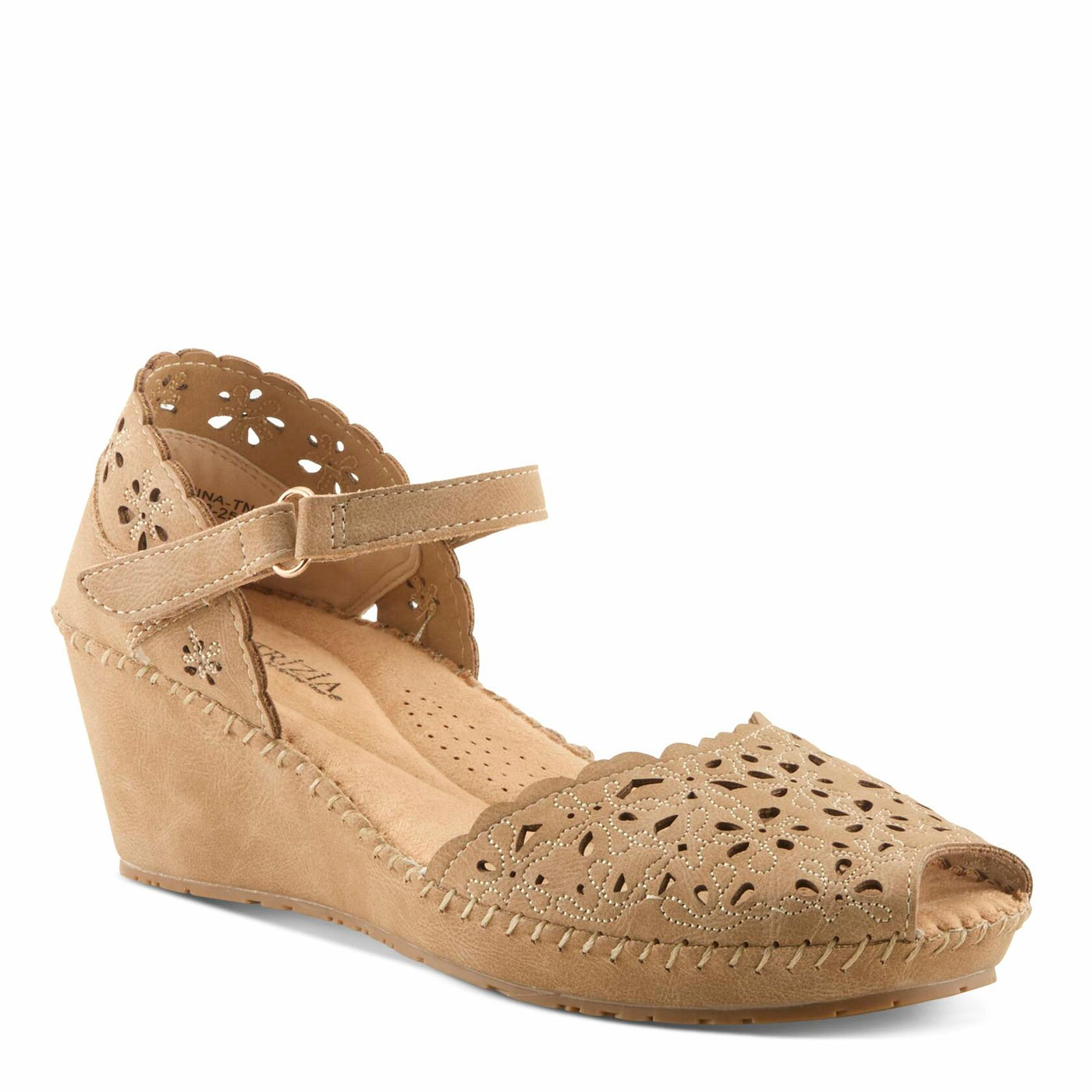 PATRIZIA Spring Step Gennina Wedge Sandals for Womens - Laser Cut Ladies Sandals with Embroidery - Hook and Loop Closure Womens Sandals - Tan EU 42 / US 10.5-11