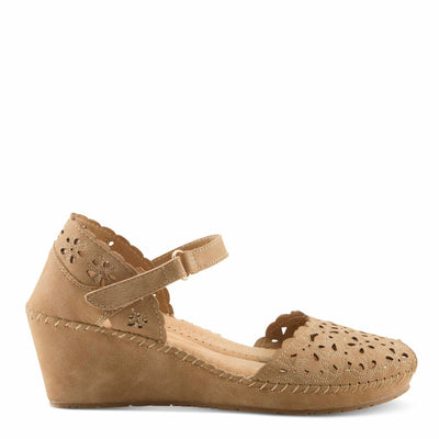 PATRIZIA Spring Step Gennina Wedge Sandals for Womens - Laser Cut Ladies Sandals with Embroidery - Hook and Loop Closure Womens Sandals - Tan EU 42 / US 10.5-11