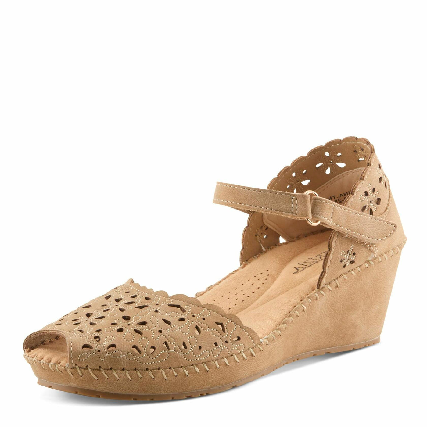 PATRIZIA Spring Step Gennina Wedge Sandals for Womens - Laser Cut Ladies Sandals with Embroidery - Hook and Loop Closure Womens Sandals - Tan EU 42 / US 10.5-11