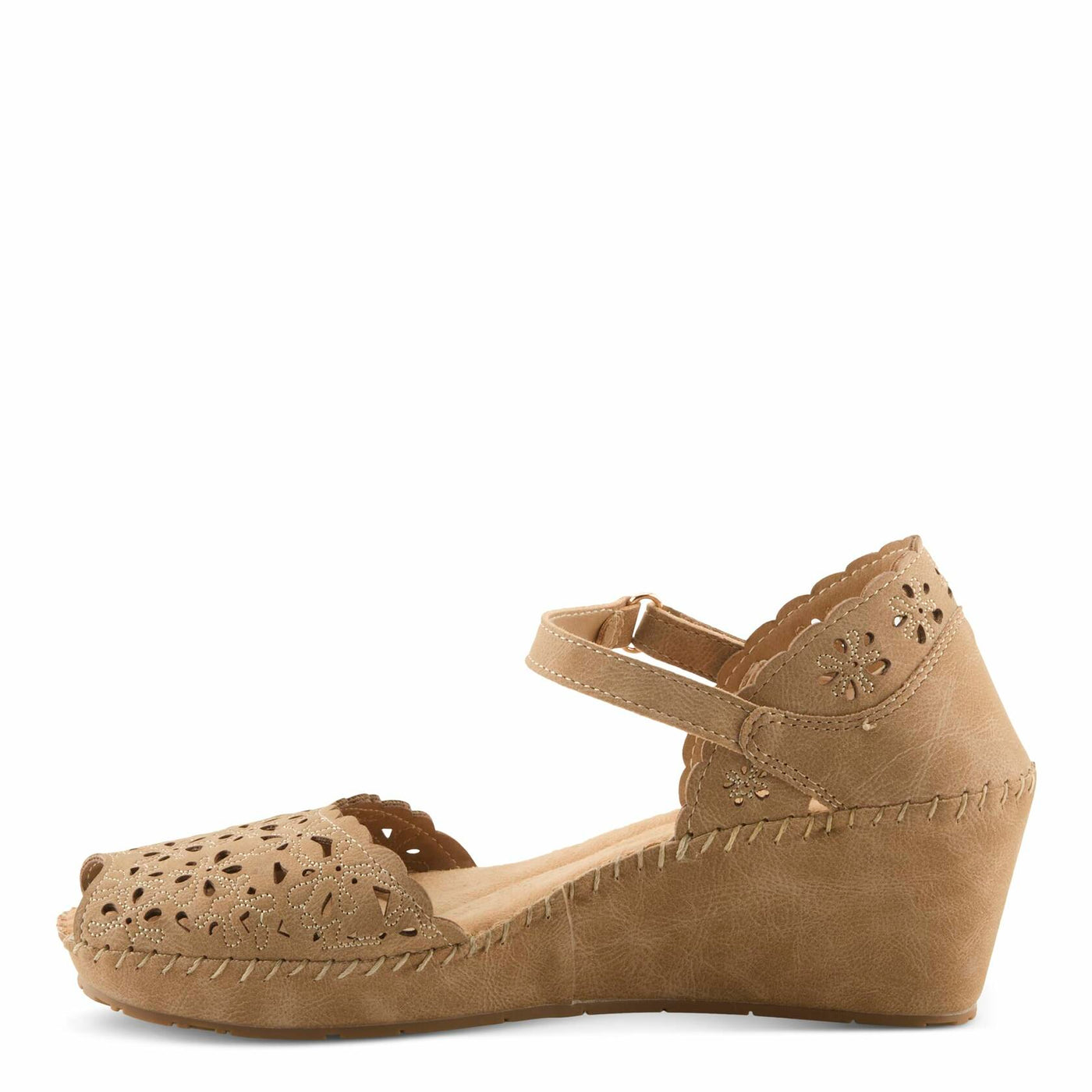 PATRIZIA Spring Step Gennina Wedge Sandals for Womens - Laser Cut Ladies Sandals with Embroidery - Hook and Loop Closure Womens Sandals - Tan EU 42 / US 10.5-11