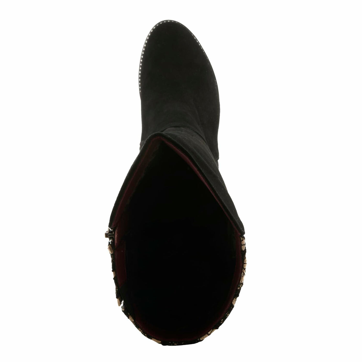 L’Artiste SULTANA Knee-High Suede & Lace Boot – Baroque-Inspired Zip-Up with Mid Heel