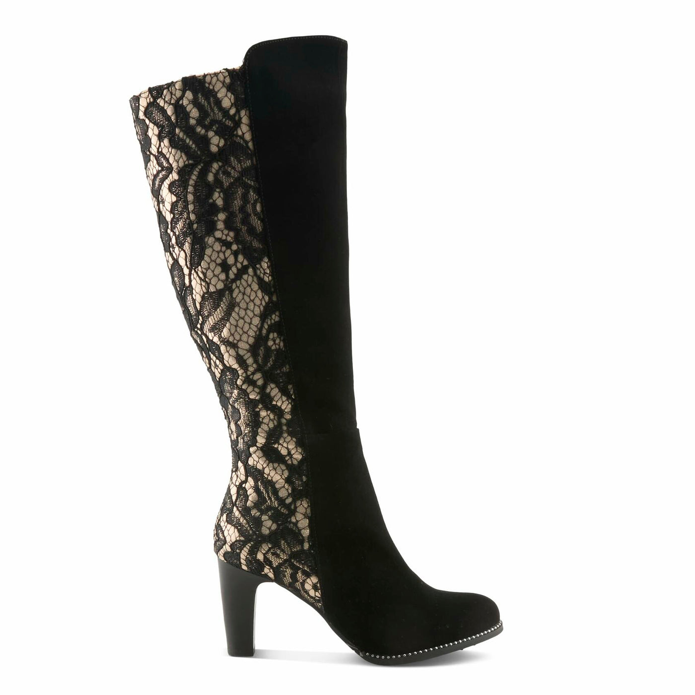 L’Artiste SULTANA Knee-High Suede & Lace Boot – Baroque-Inspired Zip-Up with Mid Heel