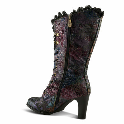 L'Artiste FORUTALUV Women's Embroidered Suede Lace-Up Boot – Baroque Velvet Mid-Shaft with Stacked Heel