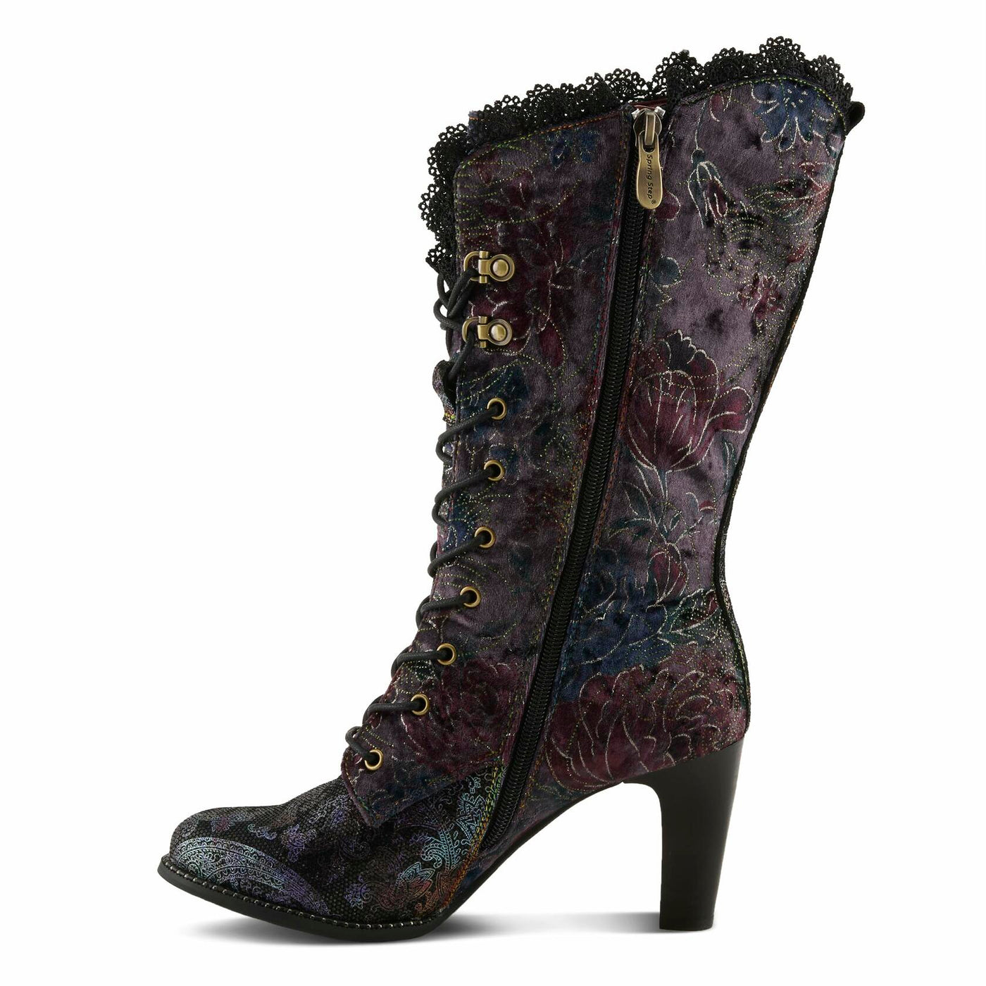 L'Artiste FORUTALUV Women's Embroidered Suede Lace-Up Boot – Baroque Velvet Mid-Shaft with Stacked Heel