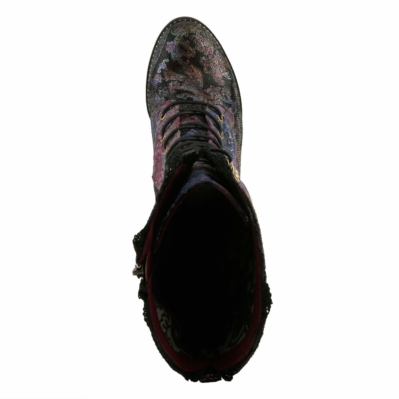 L'Artiste FORUTALUV Women's Embroidered Suede Lace-Up Boot – Baroque Velvet Mid-Shaft with Stacked Heel