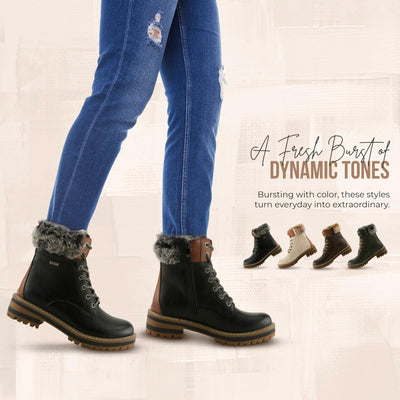 PATRIZIA CANARIO Women’s Winter Boot – Water-Resistant Faux Leather Ankle Boot with Faux Fur Lining & Lug Sole