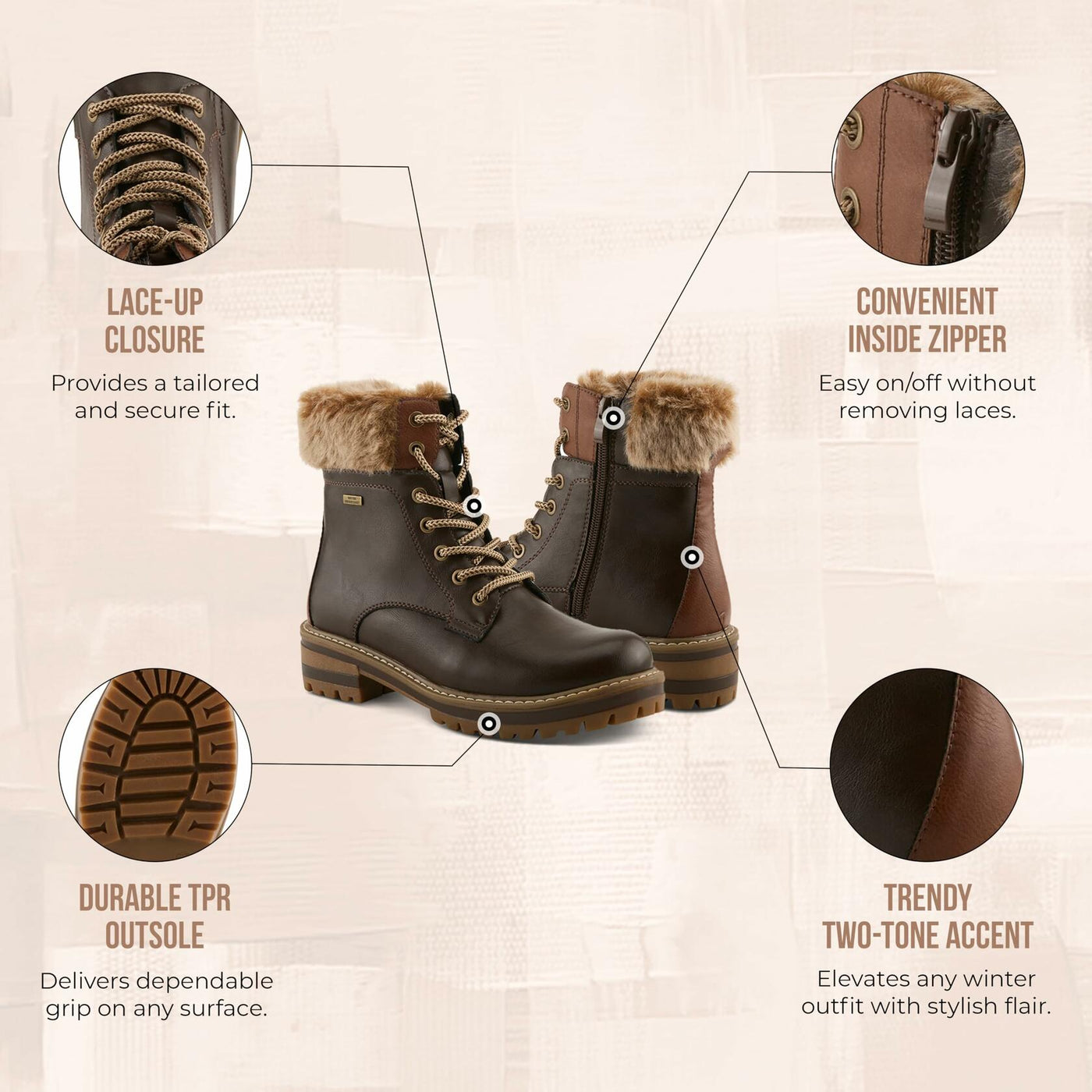 PATRIZIA CANARIO Women’s Winter Boot – Water-Resistant Faux Leather Ankle Boot with Faux Fur Lining & Lug Sole