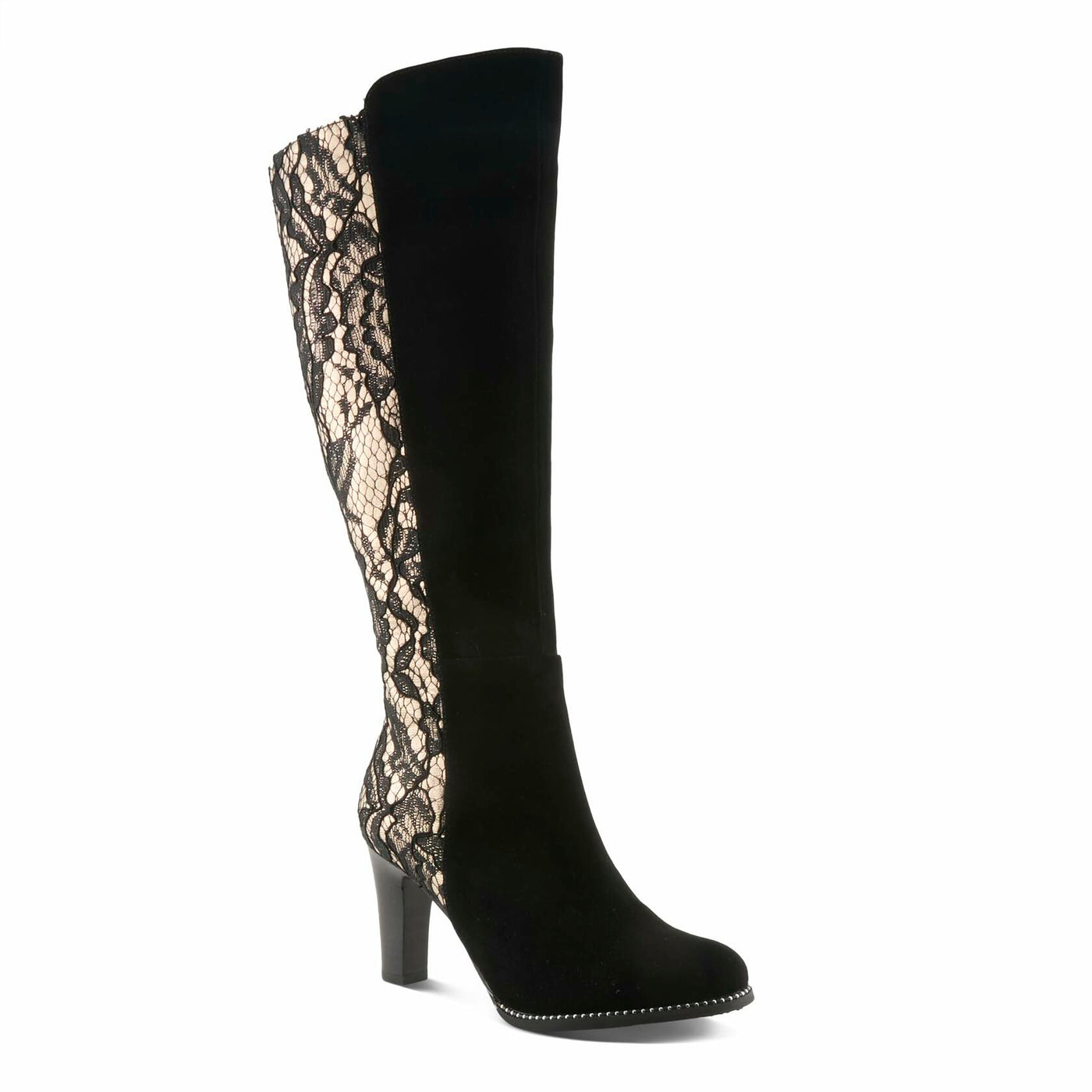 L’Artiste SULTANA Knee-High Suede & Lace Boot – Baroque-Inspired Zip-Up with Mid Heel