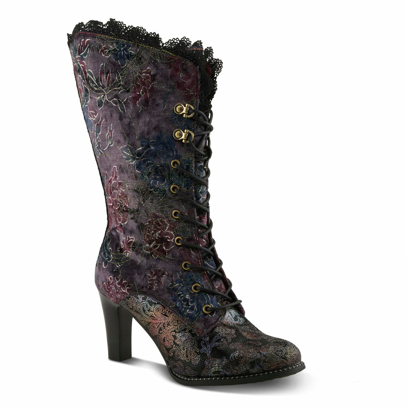 L'Artiste FORUTALUV Women's Embroidered Suede Lace-Up Boot – Baroque Velvet Mid-Shaft with Stacked Heel