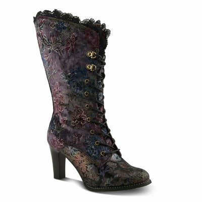 L'Artiste FORUTALUV Women's Embroidered Suede Lace-Up Boot – Baroque Velvet Mid-Shaft with Stacked Heel