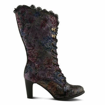 L'Artiste FORUTALUV Women's Embroidered Suede Lace-Up Boot – Baroque Velvet Mid-Shaft with Stacked Heel