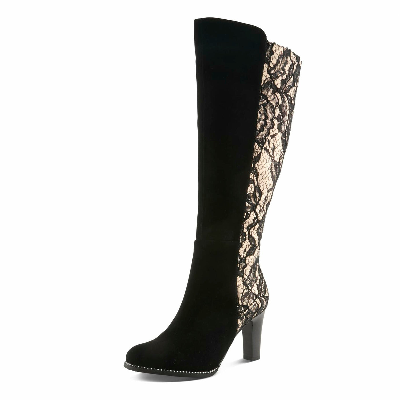 L’Artiste SULTANA Knee-High Suede & Lace Boot – Baroque-Inspired Zip-Up with Mid Heel