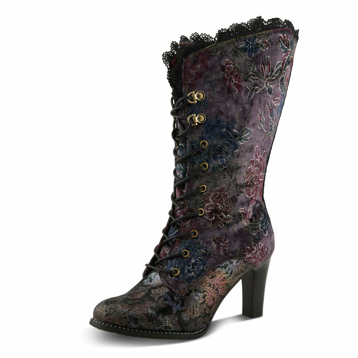 L'Artiste FORUTALUV Women's Embroidered Suede Lace-Up Boot – Baroque Velvet Mid-Shaft with Stacked Heel