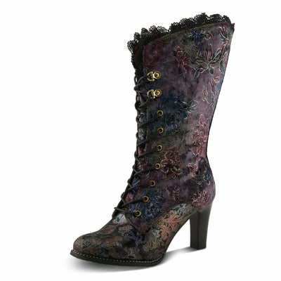 L'Artiste FORUTALUV Women's Embroidered Suede Lace-Up Boot – Baroque Velvet Mid-Shaft with Stacked Heel