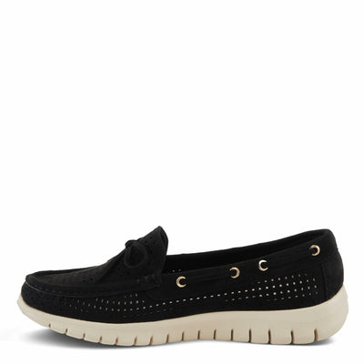 PATRIZIA Women's Aboard Moccasin Loafers – Microsuede Slip-On Shoes with Elegant Square-Dot Perforation, Bow Accent, and Cushioned Comfort Footbed Black EU 42 / US 10.5-11