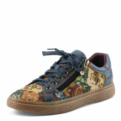 Spring Step L'Artiste Danli-Fab Fashion Sneakers | Leather & Tapestry Print Lace-Up with Side Zipper NAVY MULTI EU 39 / US 8.5
