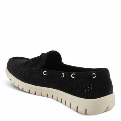 PATRIZIA Women's Aboard Moccasin Loafers – Microsuede Slip-On Shoes with Elegant Square-Dot Perforation, Bow Accent, and Cushioned Comfort Footbed Black EU 42 / US 10.5-11