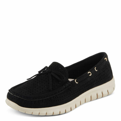 PATRIZIA Women's Aboard Moccasin Loafers – Microsuede Slip-On Shoes with Elegant Square-Dot Perforation, Bow Accent, and Cushioned Comfort Footbed Black EU 42 / US 10.5-11