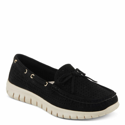 PATRIZIA Women's Aboard Moccasin Loafers – Microsuede Slip-On Shoes with Elegant Square-Dot Perforation, Bow Accent, and Cushioned Comfort Footbed Black EU 42 / US 10.5-11