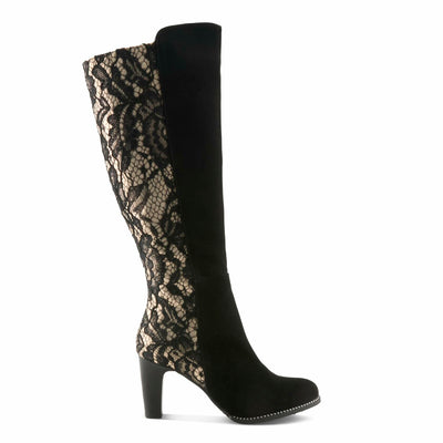 L’Artiste SULTANA Knee-High Suede & Lace Boot – Baroque-Inspired Zip-Up with Mid Heel BLACK MULTI SUEDE EU 41 / US 9.5-10