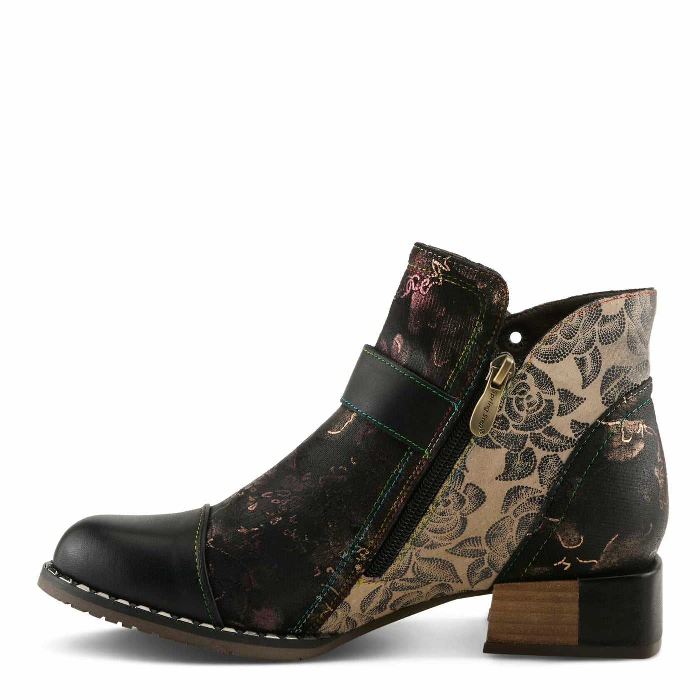 Spring Step L'Artiste Women’s Hand-Painted Leather Ankle Boots — Bold Buckle Strap with Side Zipper Closure — Cushioned Faux Fur Insole, 2" Block Heel